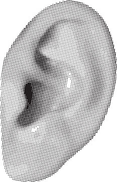 Retro halftone collage ear for mixed media design. Human ear in halftone texture, dotted pop art style. Vector illustration of vintage grunge punk crazy art template