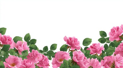 Beautiful pink roses border with green leaves on white background