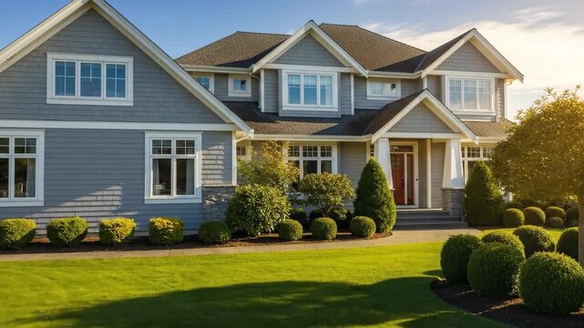 For Sale Beautiful Suburban Home with Green For Sale Sign.