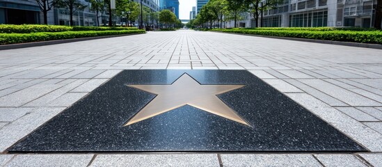Black granite memorial plaque with gold star on a paved walkway