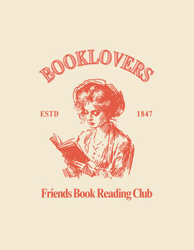 Booklovers friends reading club vintage logo with a classic woman reading a book