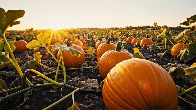 Golden pumpkins ripening in a vast farm field during a warm autumn sunset, capturing the essence of harvest season.