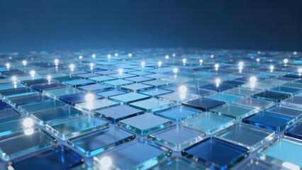 Obraz premium Grid of illuminated blue glass tiles reflecting light in a futuristic pattern