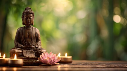 Buddha Statue with Lotus and Candle Light &ndash; Peaceful Zen Meditation Scene
