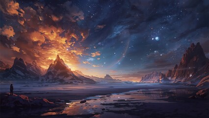 A lone figure stands on a rocky beach, gazing at a breathtaking mountain range under a vibrant starry night sky with warm sunset colors.