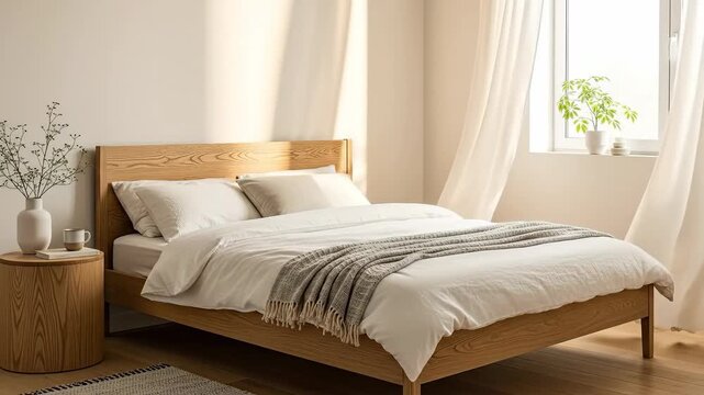 Cozy minimalist bedroom sanctuary with natural light  serene decor.