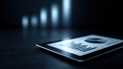 Digital tablet displaying financial charts and graphs in low light environment with increasing bar graphs indicating growth and success in business analysis