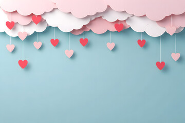 Hanging Pink and Red Hearts from Pastel Clouds on Teal Background