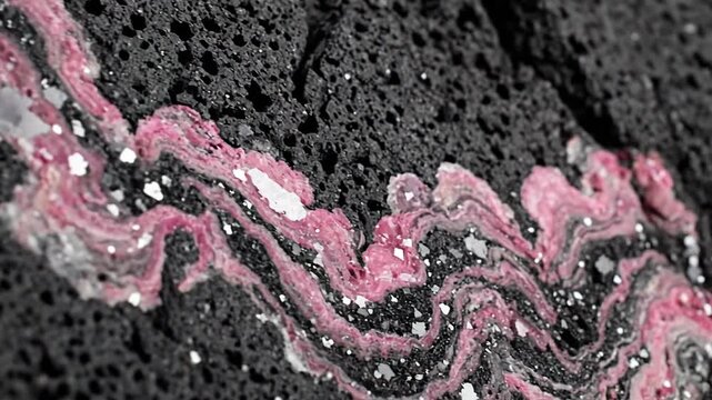 Intricate pink rhodonite mineral vein with sparkling crystals embedded in dark volcanic rock