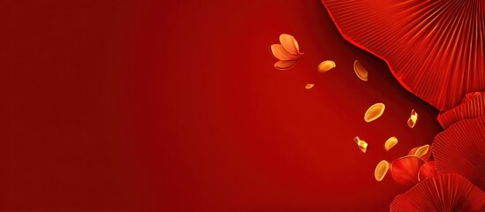 Golden confetti on red background with elegant red fans