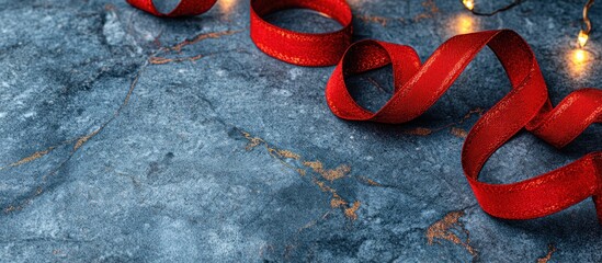 Red satin ribbon curled on dark marble surface with golden accents and fairy lights