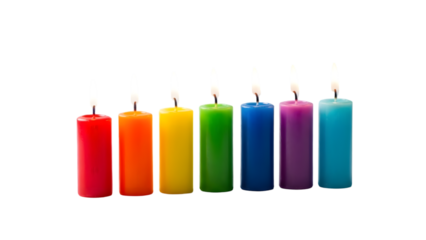 Seven colorful lit candles isolated on transparent background