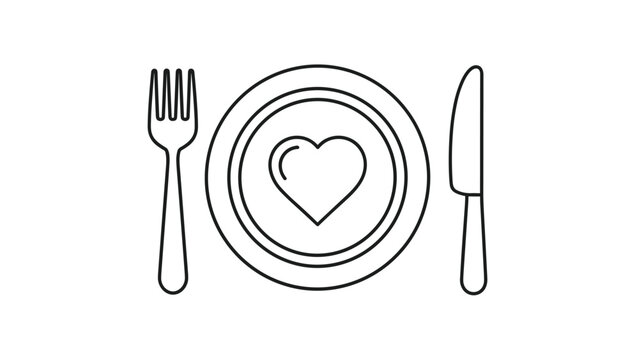 Simple heart shaped plate setting with fork and knife, Generative AI.