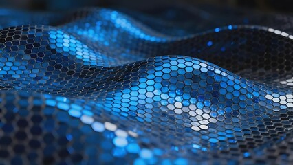Close-up of a blue, wavy, hexagonal mesh fabric with reflective surfaces