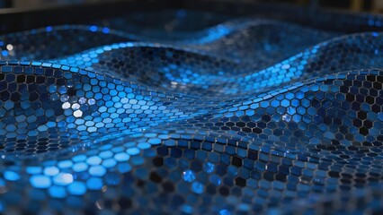 Close-up of a blue mosaic surface with wavy texture and reflective hexagonal tiles