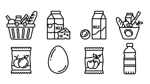 Grocery shopping icons with milk bread fruits and vegetables, Generative AI.