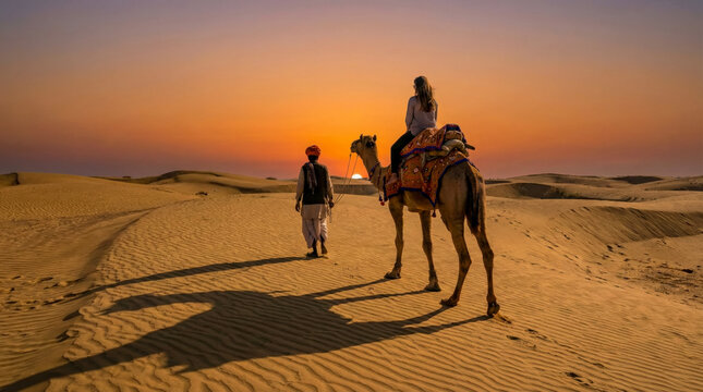 Woman riding camel through desert dunes at sunset with guide walking beside