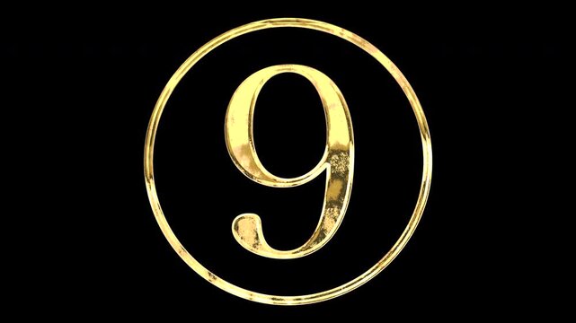Golden number &ldquo;⑨&rdquo;, reflecting light and shifting patterns, alpha channel