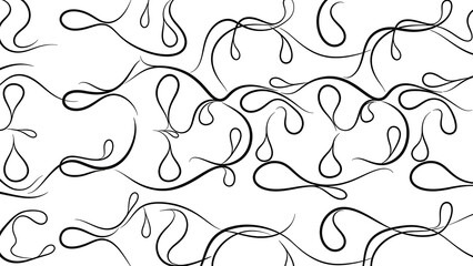 seamless black and white pattern featuring elegant abstract flowing lines and organic teardrop shapes ideal for modern graphic design backgrounds and textile prints.