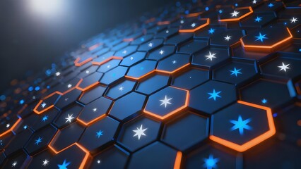Abstract hexagonal grid with glowing blue and orange lights on a dark background