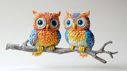Vibrant Handmade Loom Band Owls Perched on Branch. Colorful Craft Art.