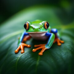 Obraz premium A vibrant red-eyed tree frog with bright green skin, striking red eyes, and colorful blue and orange limbs, perched on a large green leaf in a tropical environment.