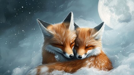Winter Foxes Cuddling Under Moonlight. Affectionate Animal Pair in Snowy Night.