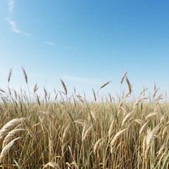 Obraz premium A vast field of golden wheat or rye under a clear blue sky on a sunny day.
