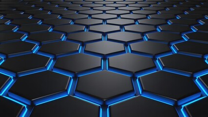 Fototapeta premium Dark hexagonal grid with glowing blue edges forming a futuristic pattern