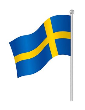 Waving flag of Sweden on a flagpole against white background.