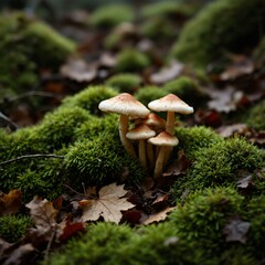 Fototapeta premium A cluster of small, light-capped mushrooms growing from vibrant green moss on a forest floor with fallen leaves.