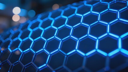 Close-up of a glowing blue hexagonal grid pattern with a futuristic design and bokeh background