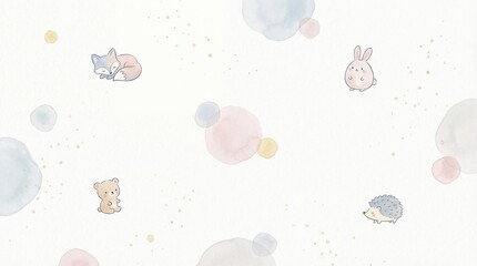 Cute Forest Animals Watercolor Illustration Soft Pastel Tones and Golden Glitter Background