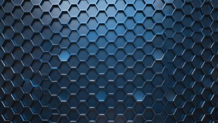 Dark blue hexagonal pattern with metallic texture and gradient lighting