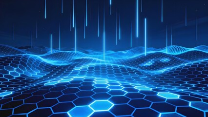 Digital landscape with glowing hexagonal grid and falling light particles