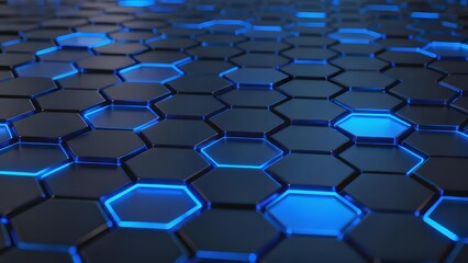 Blue illuminated hexagonal pattern on a dark surface