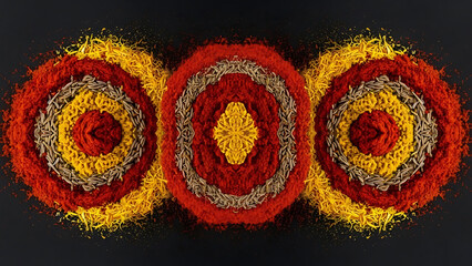 spice art patterns feature vibrant red yellow and brown ingredients creatively arranged on a dark background for culinary design inspiration