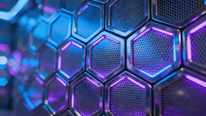 Hexagonal metallic panels with glowing blue and purple edges, forming a futuristic surface pattern.