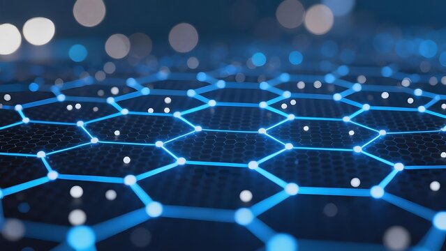 Abstract digital network with hexagonal grid pattern and glowing nodes on a dark background - Powered by Adobe
