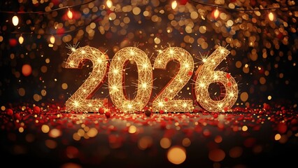 Sparkling golden numbers 2026 with red confetti and lights on a dark background, celebrating the new year with festive decorations and illumination.