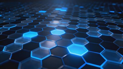 Hexagonal grid pattern with glowing blue lights on a dark surface