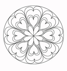 Black and white symmetrical line drawing of a floral mandala with heart shapes abstract border