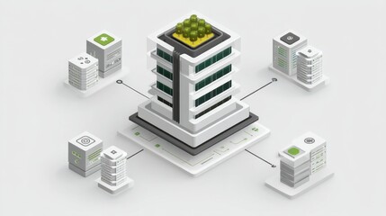 Modern vector illustration of a data center structure surrounded by various technology components for cloud computing and digital infrastructure presentation