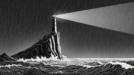 Fototapeta premium stormy lighthouse illustration standing firmly on a rugged cliff its beam cutting through the heavy rain and crashing ocean waves.