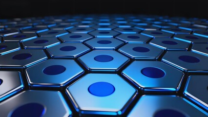 Fototapeta premium Blue hexagonal grid pattern with reflective metallic surface and glowing centers