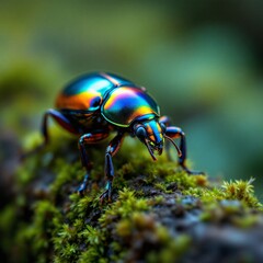 Naklejka premium A close-up shot of a vibrant iridescent beetle with a metallic rainbow shell resting on a moss-covered branch in a natural forest setting.