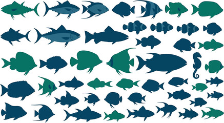 Collection of Various Silhouette Fish and Seahorse Illustrations on White Background