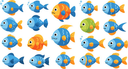 Fototapeta premium A vibrant collection of cute cartoon fish illustrations, showcasing various expressions and underwater poses, ideal for children's books, games, and educational designs