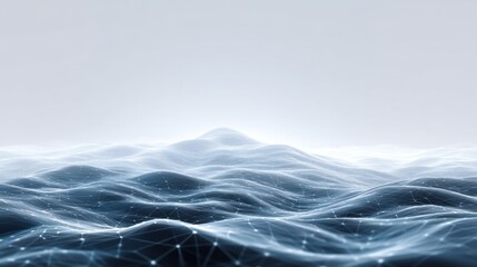 Abstract Digital Representation of Ocean Waves with Glowing Particles and Light Effects in Soft Blue Tones Against a Minimalist Background