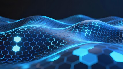 Abstract blue hexagonal wave pattern with glowing elements on a dark background